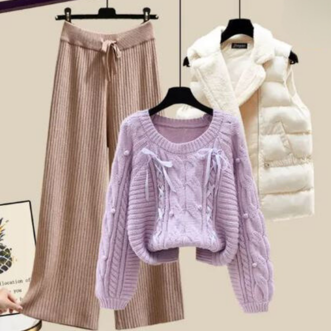 Drune | Dreiteiliges Damen Strickjacken Jackett, Locker Sitzender Pullover und Weite Hosenbeine