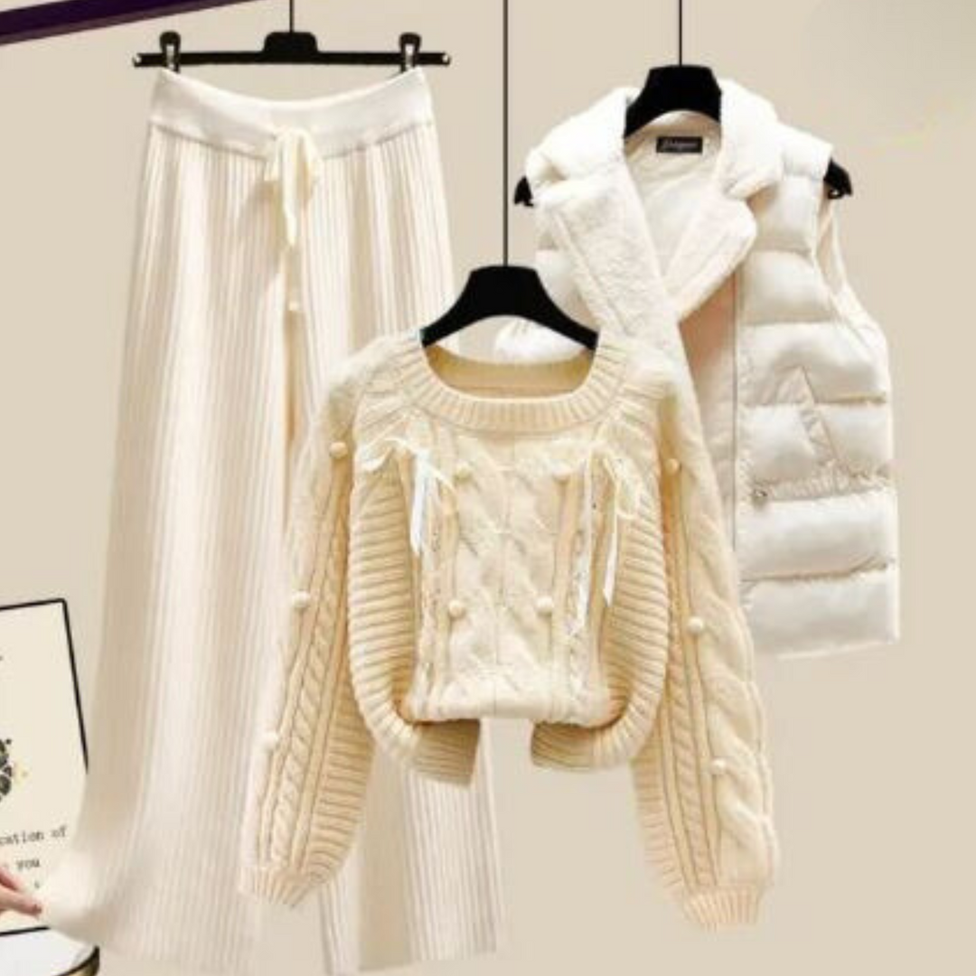Drune | Dreiteiliges Damen Strickjacken Jackett, Locker Sitzender Pullover und Weite Hosenbeine