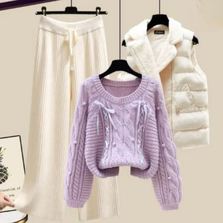 Drune | Dreiteiliges Damen Strickjacken Jackett, Locker Sitzender Pullover und Weite Hosenbeine