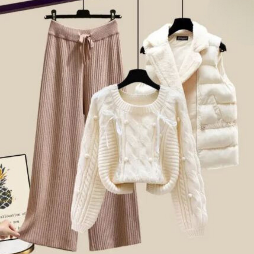 Drune | Dreiteiliges Damen Strickjacken Jackett, Locker Sitzender Pullover und Weite Hosenbeine