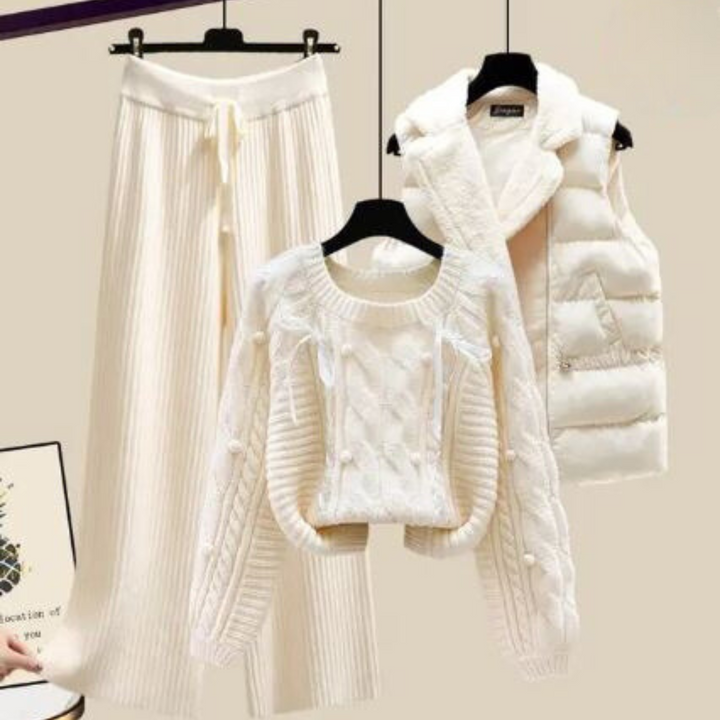 Drune | Dreiteiliges Damen Strickjacken Jackett, Locker Sitzender Pullover und Weite Hosenbeine