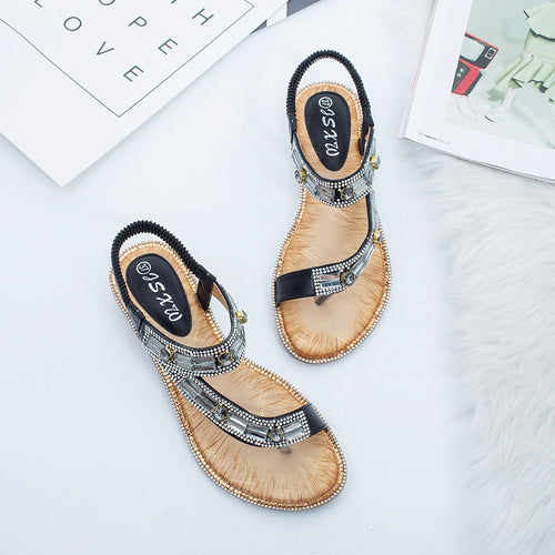 Drune | Cross Border Strass T-Strap Flache Sandale