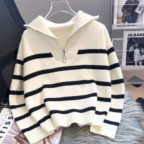Drune | Pullover Mit Reißverschluss - Weiß & Gestreift