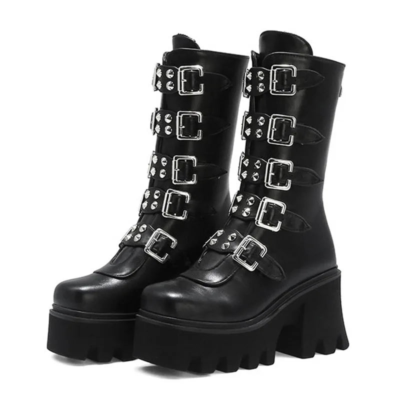 Drune | Gothic Schuhe Frauen Schwarz Hochstiefel Weiblich Hohe Absatz Frauen Combat Punk Chunky Dame