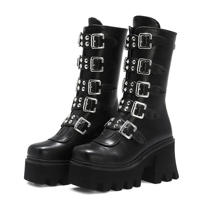 Drune | Gothic Schuhe Frauen Schwarz Hochstiefel Weiblich Hohe Absatz Frauen Combat Punk Chunky Dame