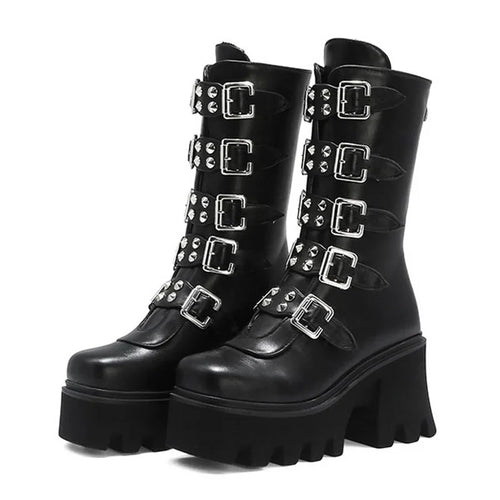 Drune | Gothic Schuhe Frauen Schwarz Hochstiefel Weiblich Hohe Absatz Frauen Combat Punk Chunky Dame