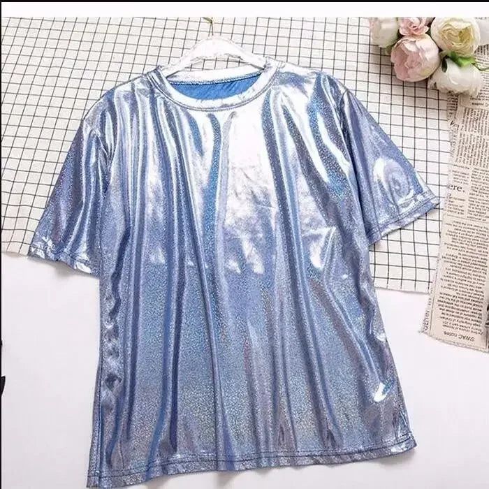 Drune | S 5Xl Damen Funkelnd Shiny Metallisch Holografisch Rundhals Kurzarm Lässig Lose Top Festival Party T-Shirt Damenbekleidung