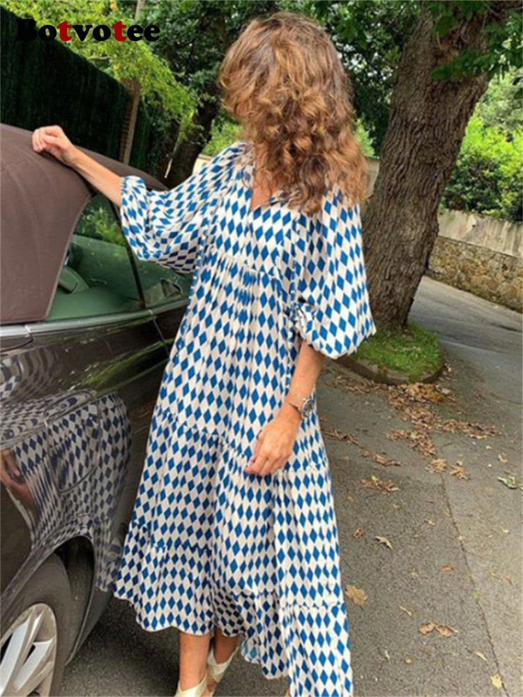 Drune | Geometrisches Kleid mit Puffärmeln für Frauen