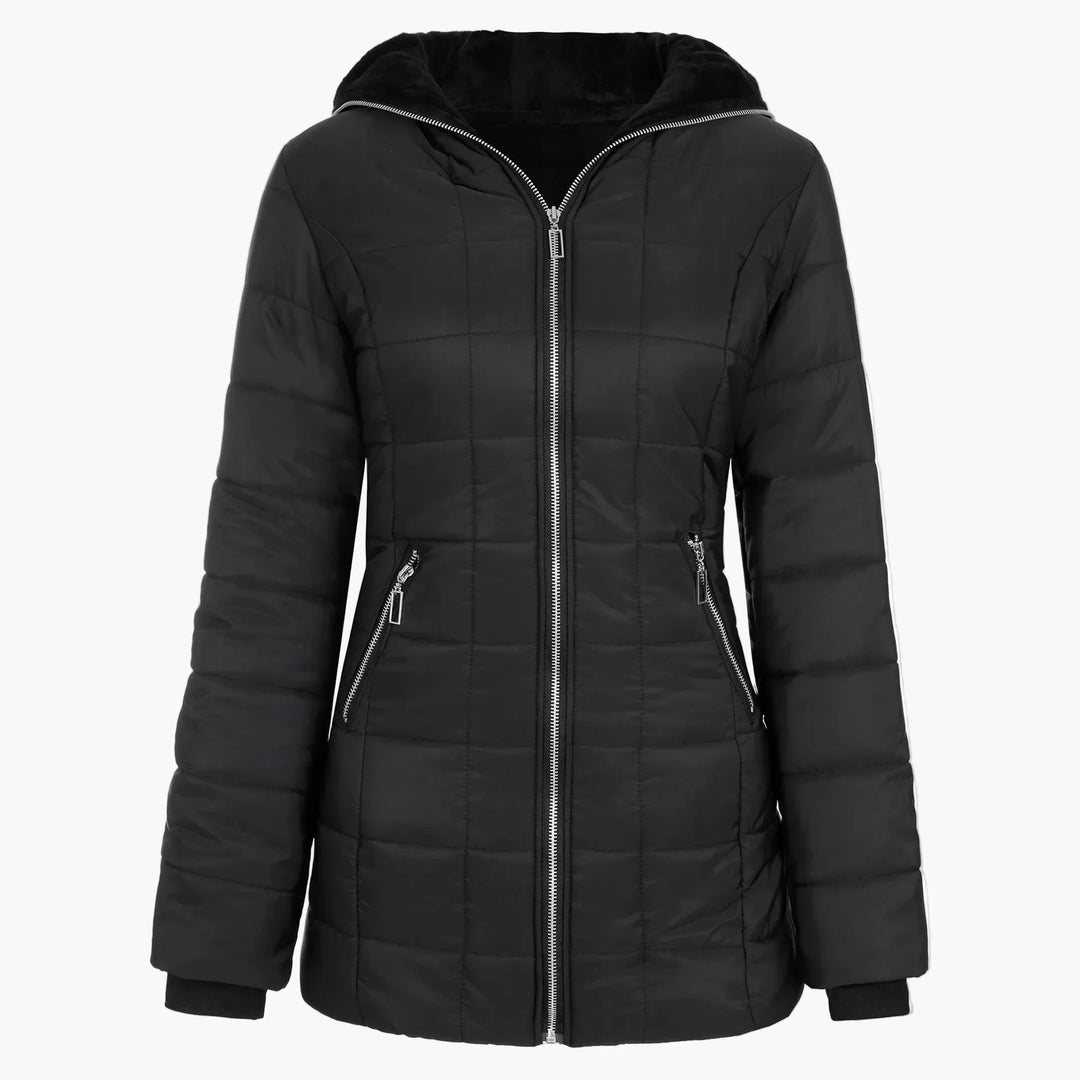 Drune | Winter Steppjacke mit Kapuze und Asymmetrischem Reißverschluss - Modische Outdoorjacke für kalte Tage