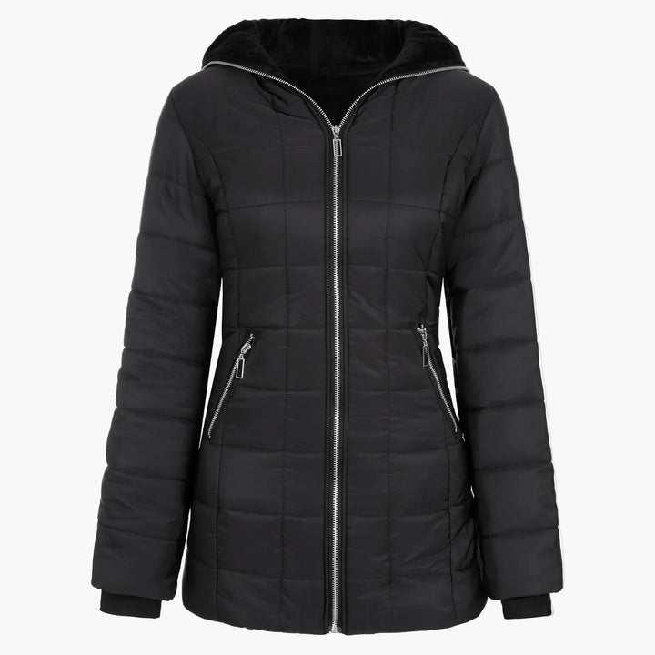 Drune | Winter Steppjacke mit Kapuze und Asymmetrischem Reißverschluss - Modische Outdoorjacke für kalte Tage