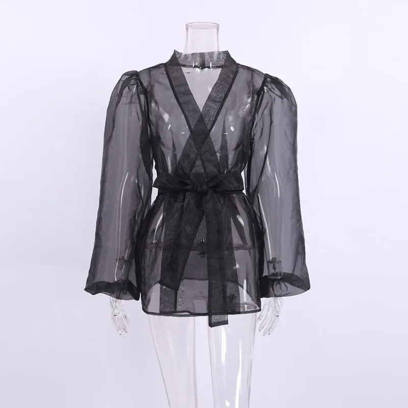 Drune | Durchsichtige Organza-Bluse mit Bindegürtel