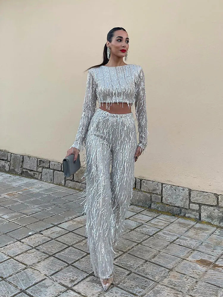 Drune | Quaste Pailletten Frauen 2 Teilig Set Herbst Silber Licht Seide O-Ausschnitt Crop Tops Breite Bein Hosen Damen Anzug Mode Straße Damen Set