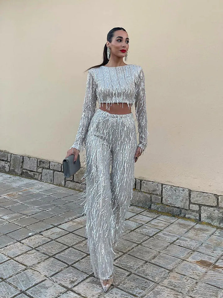 Drune | Quaste Pailletten Frauen 2 Teilig Set Herbst Silber Licht Seide O-Ausschnitt Crop Tops Breite Bein Hosen Damen Anzug Mode Straße Damen Set