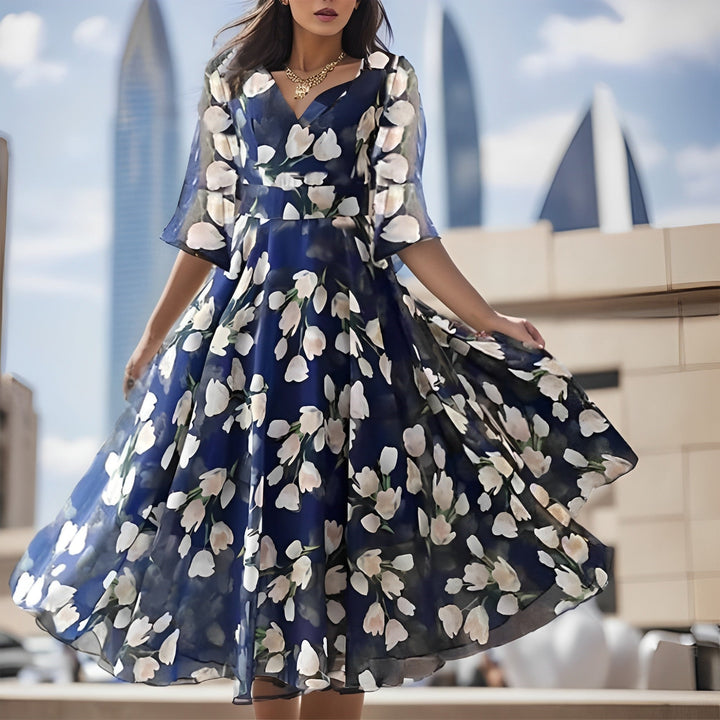 Drune | Blumen-Sifonk-Kleid mit weitem V-Ausschnitt