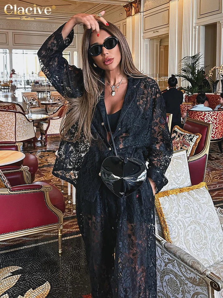 Drune | Clacive Sexy Loose Schwarze Spitze Transparente Hosen Set Frauen 2 Stück Mode Langarm Shirt mit Hoher Taille Breite Hosen Set
