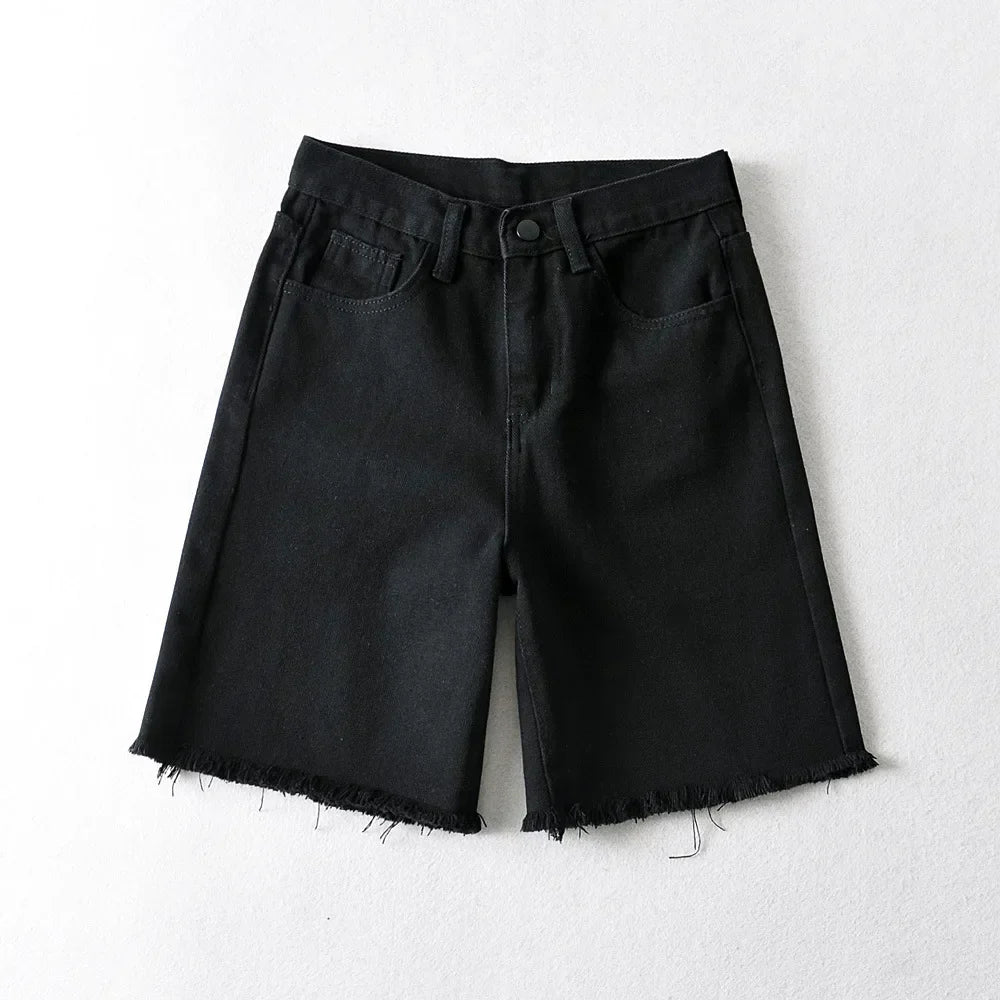 Drune | Frauen Hohe Taille Breite Bein Denim Shorts Mädchen Sommer Mode Streetwear Lässig Einfarbig Weibliche Lockere Stretch Jeans