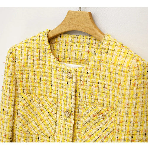 Drune | Gelber, Gewebter Tweed Luxusmantel Kleine Duftjacke