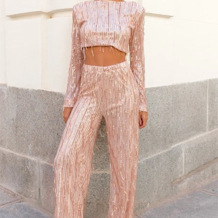 Drune | Quaste Pailletten Frauen 2 Teilig Set Herbst Silber Licht Seide O-Ausschnitt Crop Tops Breite Bein Hosen Damen Anzug Mode Straße Damen Set