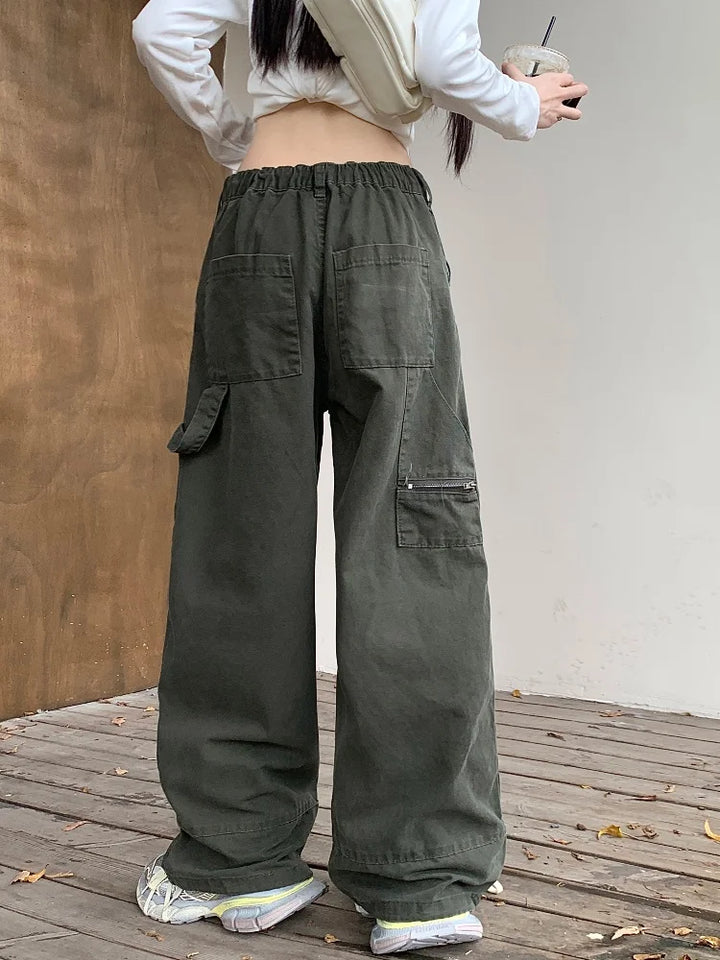 Drune | Y2K Streetwear Vintage Grün Baggy Jeans Cargo-Hosen für Damen Designer Kleidung Weit Beinformte Legere Damenhosen