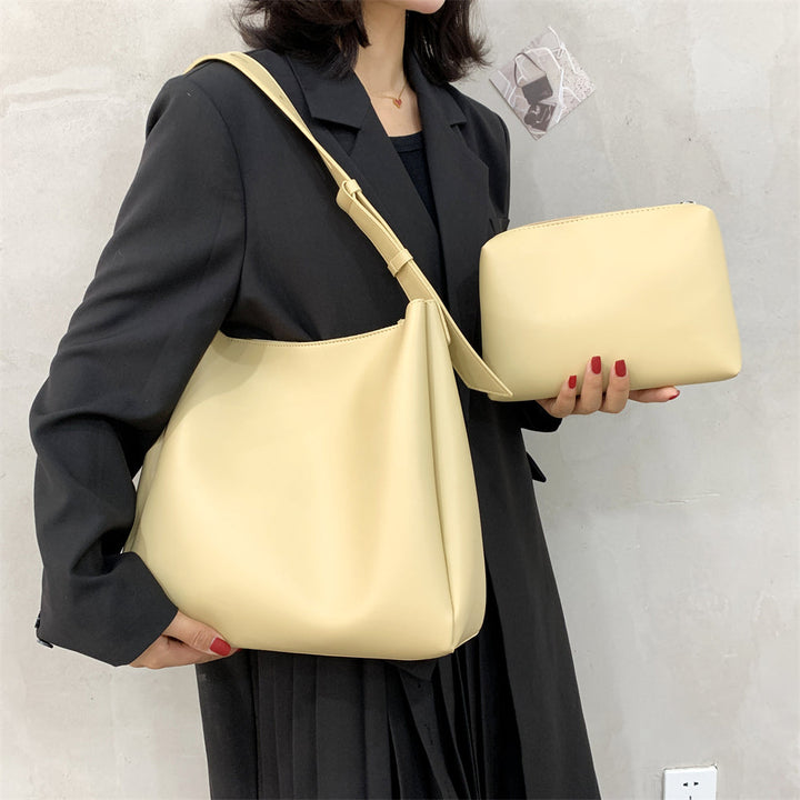 Drune Hochwertige Damen Shopper Große Kapazität Schultertasche Reine Farbe Breiter Riemen Weiches PU-Leder