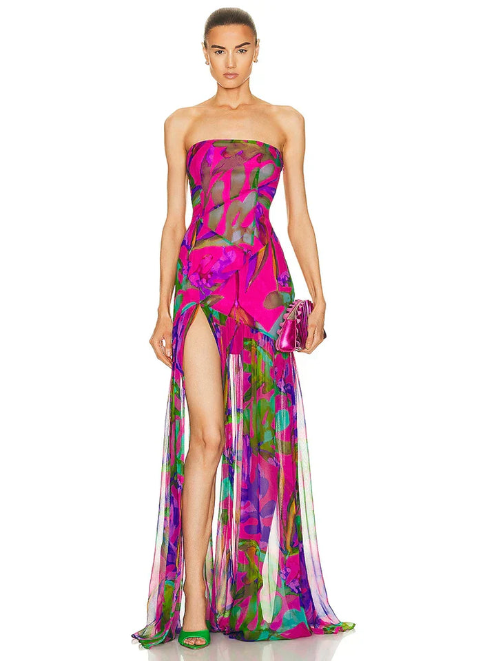 Drune | Neues Sommerdruck Strapless Mesh Patchwork Schlitz Lang Kleid Frauen Sexy Ärmellos Gedruckt Bunt Ferien Maxi Kleid Party