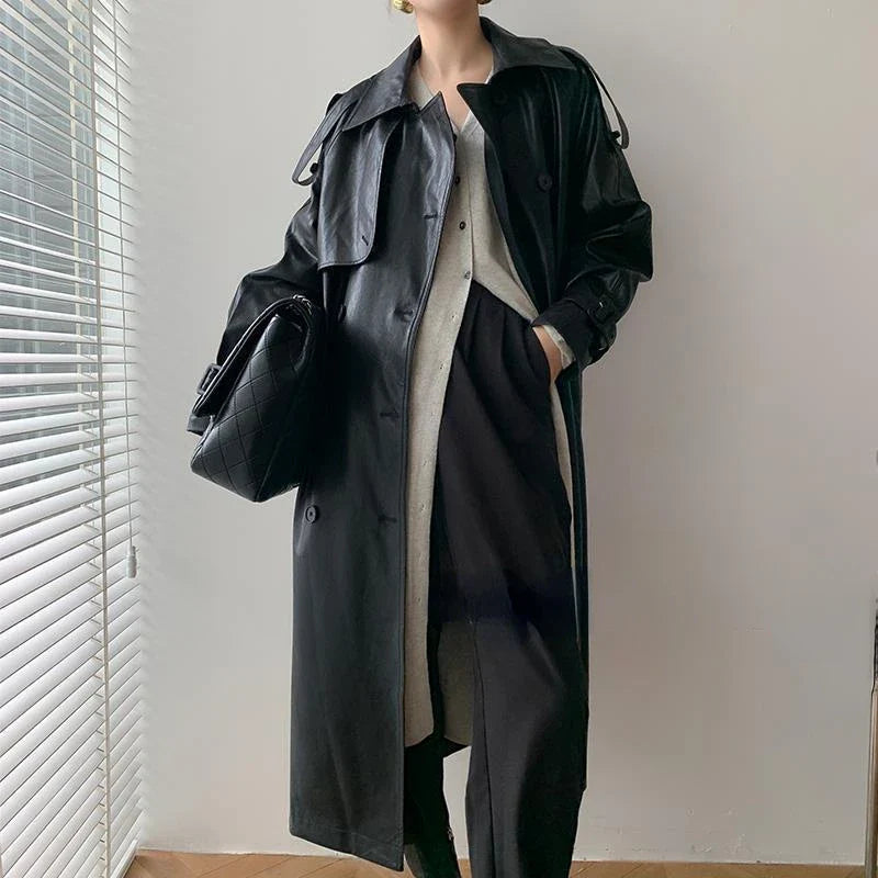 Drune | Langer Trenchcoat Für Frauen Lederlook Stilvoll und Modern
