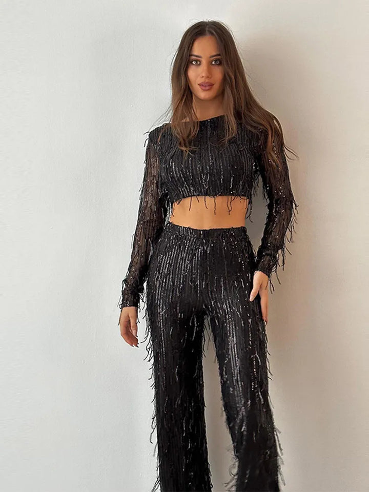 Drune | Quaste Pailletten Frauen 2 Teilig Set Herbst Silber Licht Seide O-Ausschnitt Crop Tops Breite Bein Hosen Damen Anzug Mode Straße Damen Set