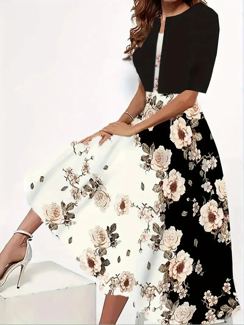 Drune | Neu für Den Sommer! Eu Us Herbst Frau 2 Lang Kleid Set Blumen und Graspunkt Crew Neck Kleid mit Chiffon Kurzjacke