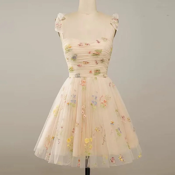 Drune | Fairy Forest Green Kurze Prom Kleider Spaghetti-Träger Bunte Blumen Spitze Abend Feier