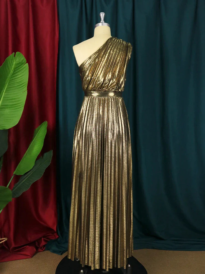 Drune | Elegantes One Shoulder Abendkleid in Metallic Optik
