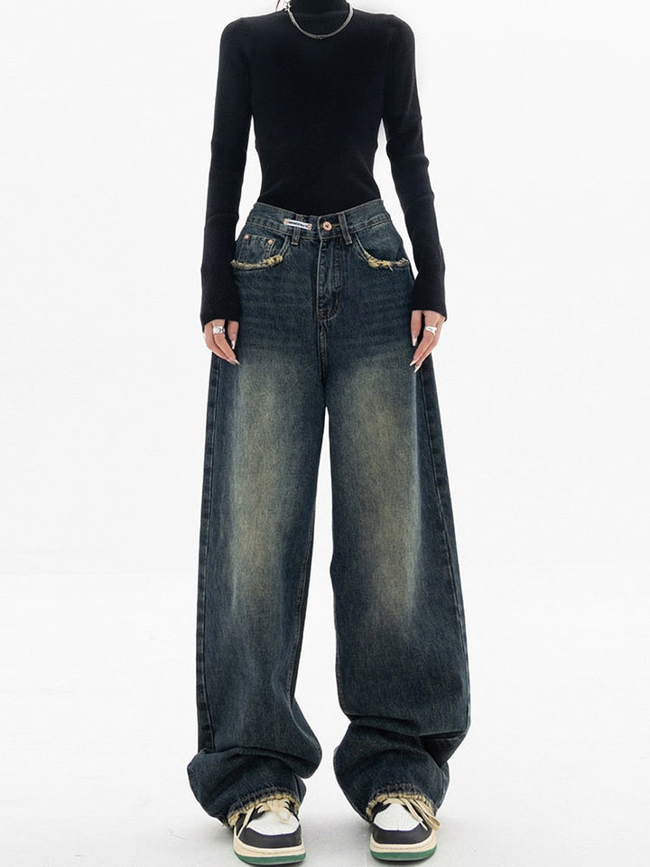Drune - Trendy Baggy Wide Leg Jeans Damen | Jeans mit hoher Taille Lässige Streetwear