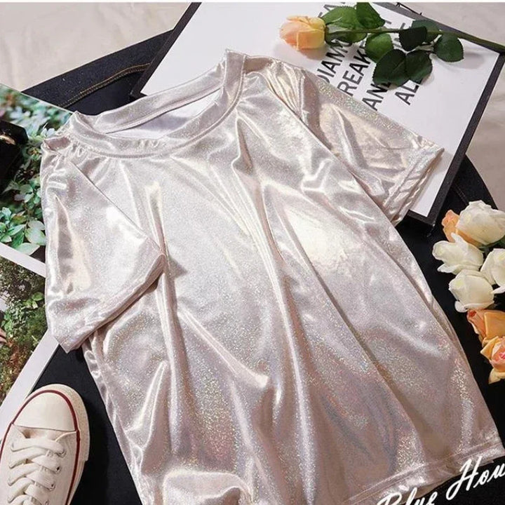 Drune | S 5Xl Damen Funkelnd Shiny Metallisch Holografisch Rundhals Kurzarm Lässig Lose Top Festival Party T-Shirt Damenbekleidung