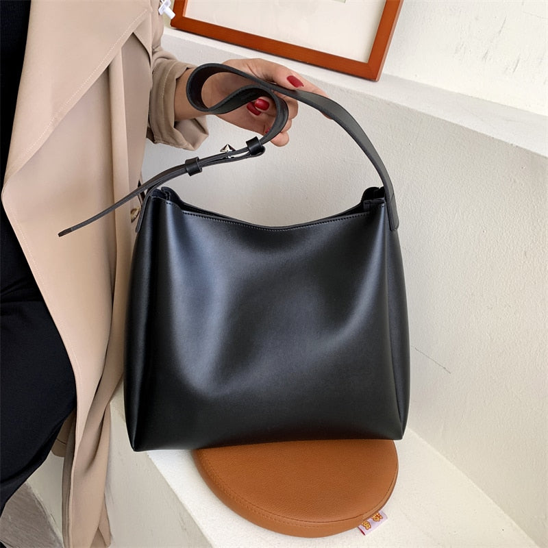 Drune Hochwertige Damen Shopper Große Kapazität Schultertasche Reine Farbe Breiter Riemen Weiches PU-Leder