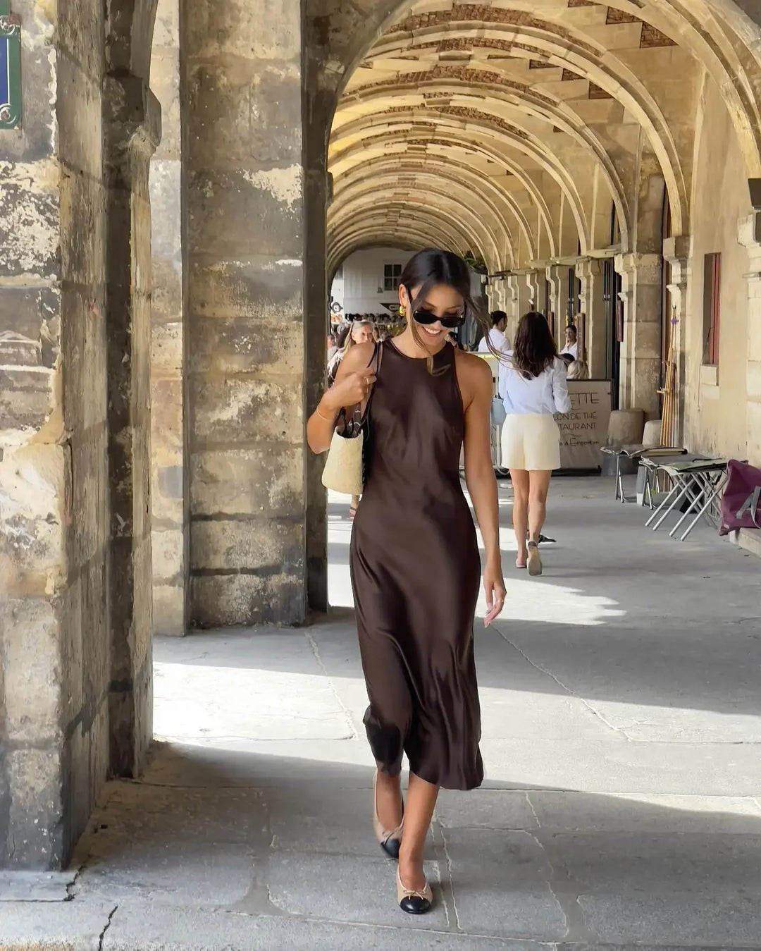 Drune | Einfarbiges Satin Ärmelloses Maxikleid