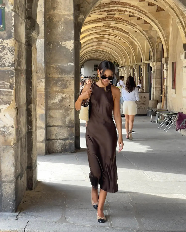 Drune | Einfarbiges Satin Ärmelloses Maxikleid