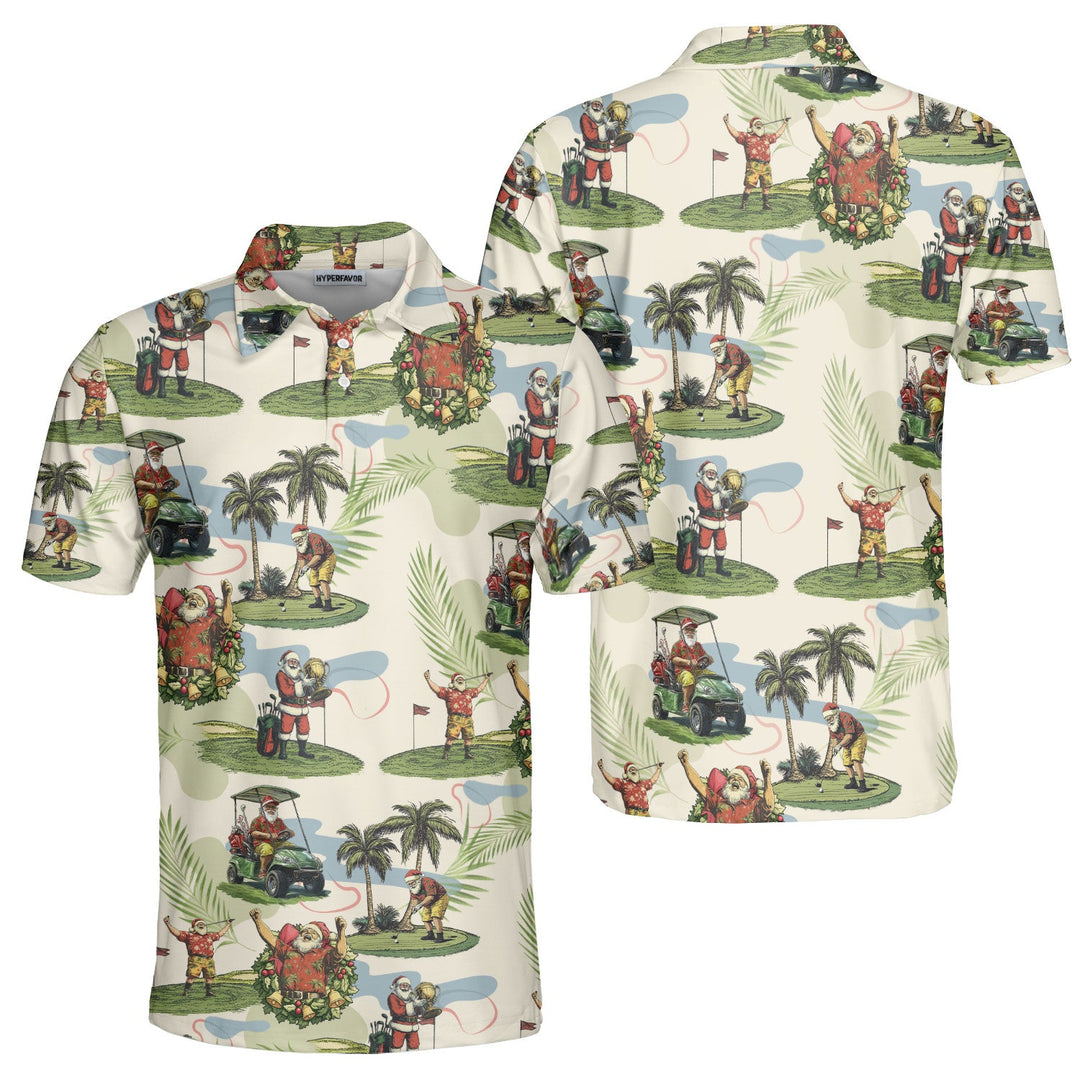 Drune | Herren Beige Santa Golf spielend Weihnachts Golf Polo Shirts