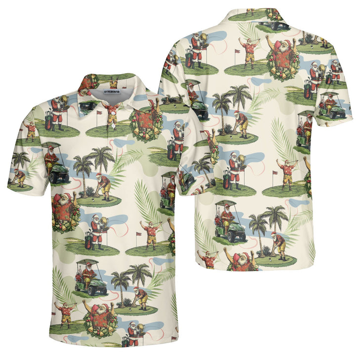 Drune | Herren Beige Santa Golf spielend Weihnachts Golf Polo Shirts