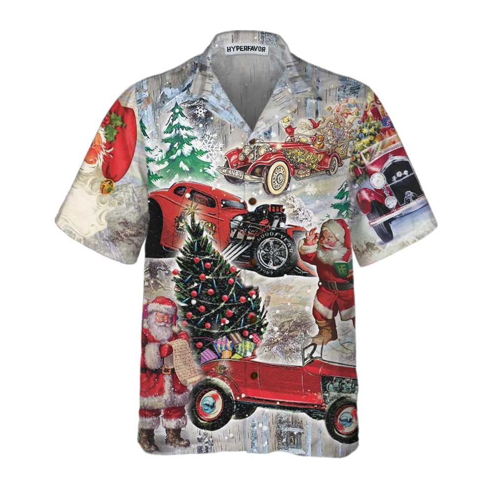 Drune | Santa Claus & Sein Hot Rod Auf Weihnachten Hawaiian Shirt, Lustiges Santa Hawaiian Shirt Für Männer