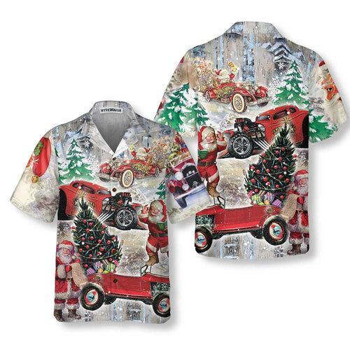 Drune | Santa Claus & Sein Hot Rod Auf Weihnachten Hawaiian Shirt, Lustiges Santa Hawaiian Shirt Für Männer