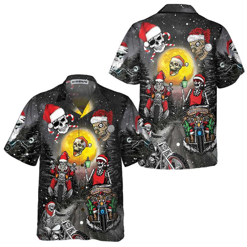 Drune | Santa Skeleton Fröhliche Weihnachten Hawaiian Shirt, Lustiges Motorrad Schädel Biker Weihnachts Shirt, Geschenk zu Weihnachten
