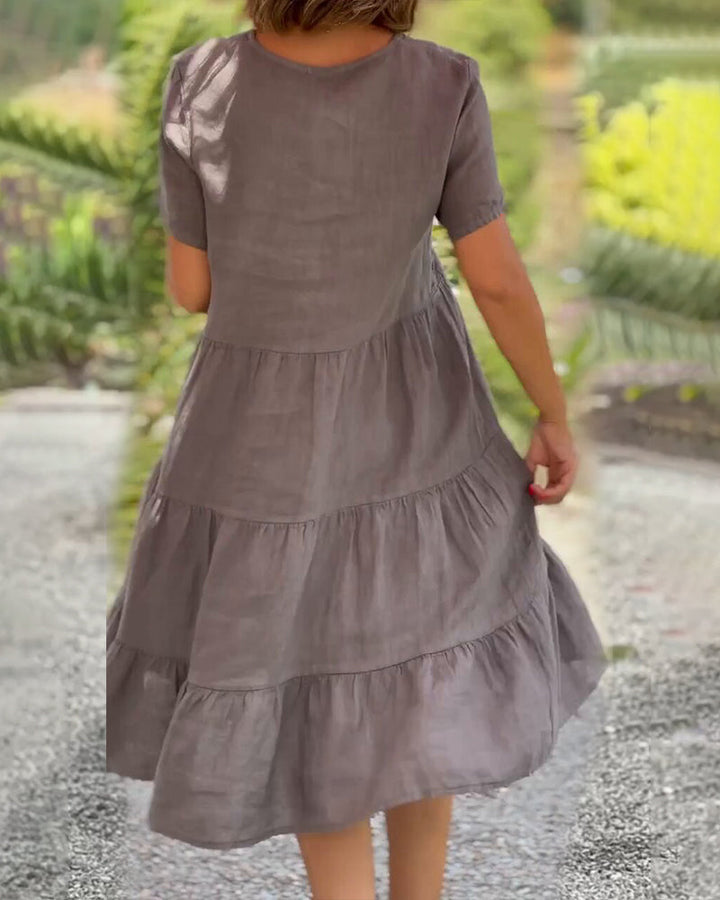 Drune | Einfarbiges Kleid aus Baumwoll-Leinen mit V-Ausschnitt