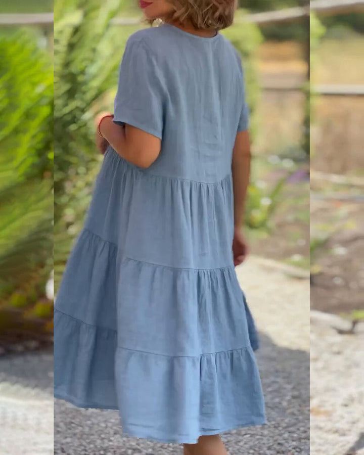 Drune | Einfarbiges Kleid aus Baumwoll-Leinen mit V-Ausschnitt