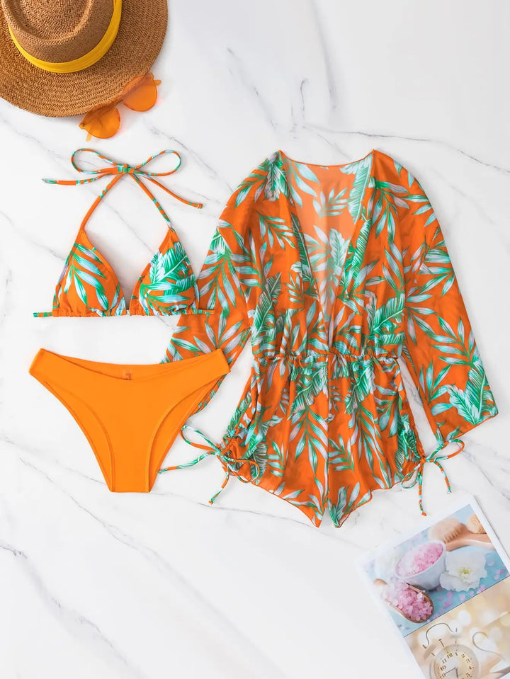 Drune | 3 Stück Bikini Tropischer Druck Badebekleidung Halter Schnürseite Badebekleidung Frauen Badeanzug Weiblich Schwimmen Sommer Strandbekleidung