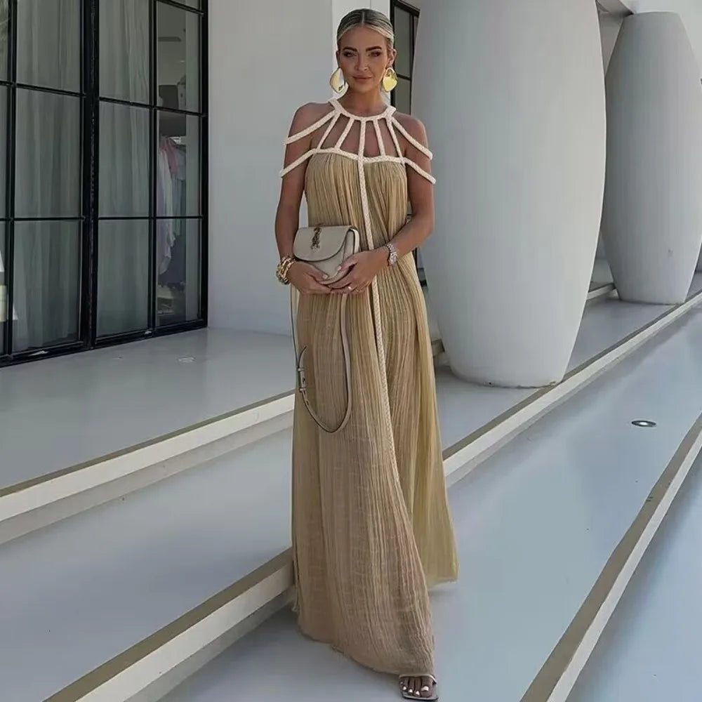 Drune | Grüne Bohemia Ferienanzug Frauen Elegant Solid Lässig Lockere Lange Kleider Sommer Sexy Geshitzte Rückenfreier Maxi Strandkleid Neu