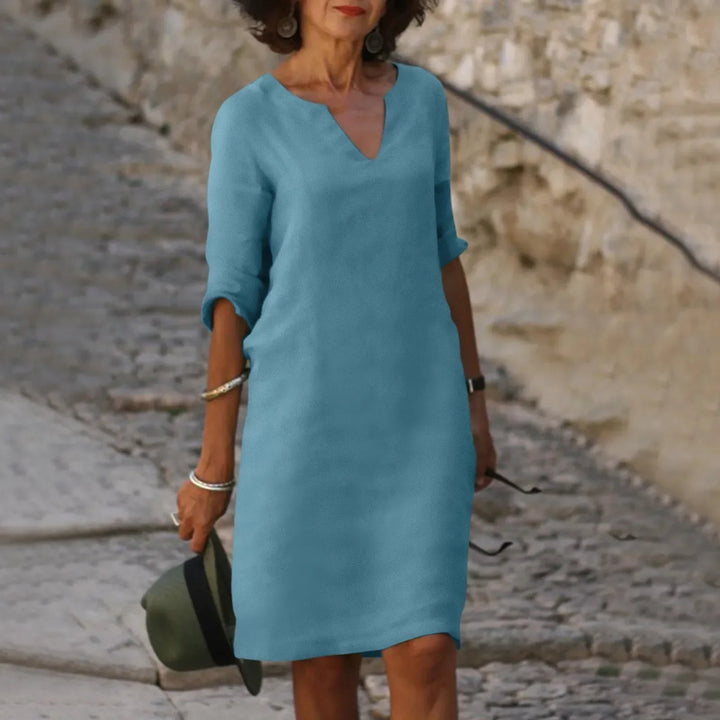 Drune | Damen Baumwoll Leinen V-Ausschnitt Kleid Mit Halben Ärmeln