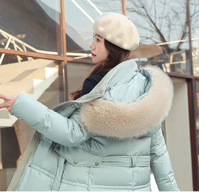 Drune | Lange Winterjacke Puffer Design Kunstfell Kapuze Taillengürtel Warm Und Isolierend