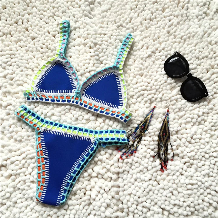 Drune | Gestrickter Bikini 2 Teilig Schwimmanzug für Frauen, Sommerstrandurlaub Badebekleidung, Sexy Dreieckiger Cup V-Ausschnitt Träger-Schwimmbekleidung