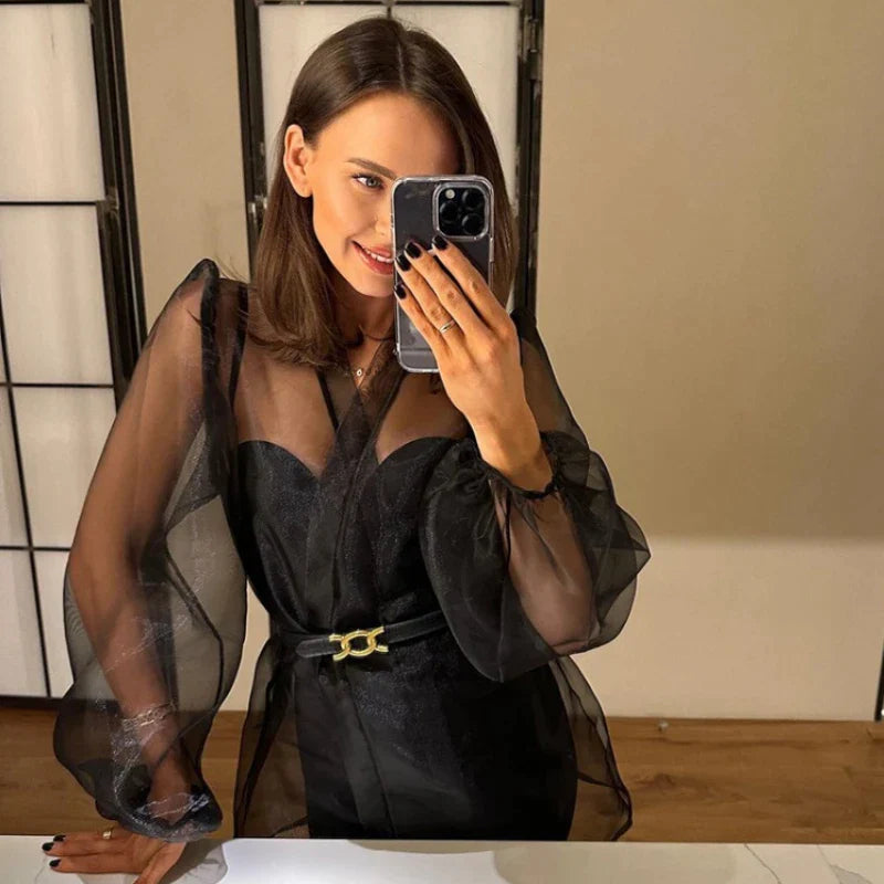 Drune | Durchsichtige Organza-Bluse mit Bindegürtel