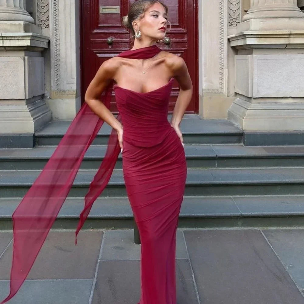 Drune | Elegante Frauen 2 Teiliges Kleid Set Strapless Bodycon Crop Top und Maxi Rock Set Formelles Hochzeitsgast Festkleid