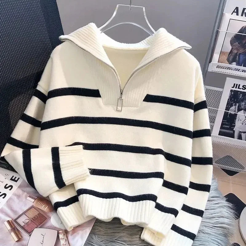 Drune | Pullover Mit Reißverschluss - Weiß & Gestreift